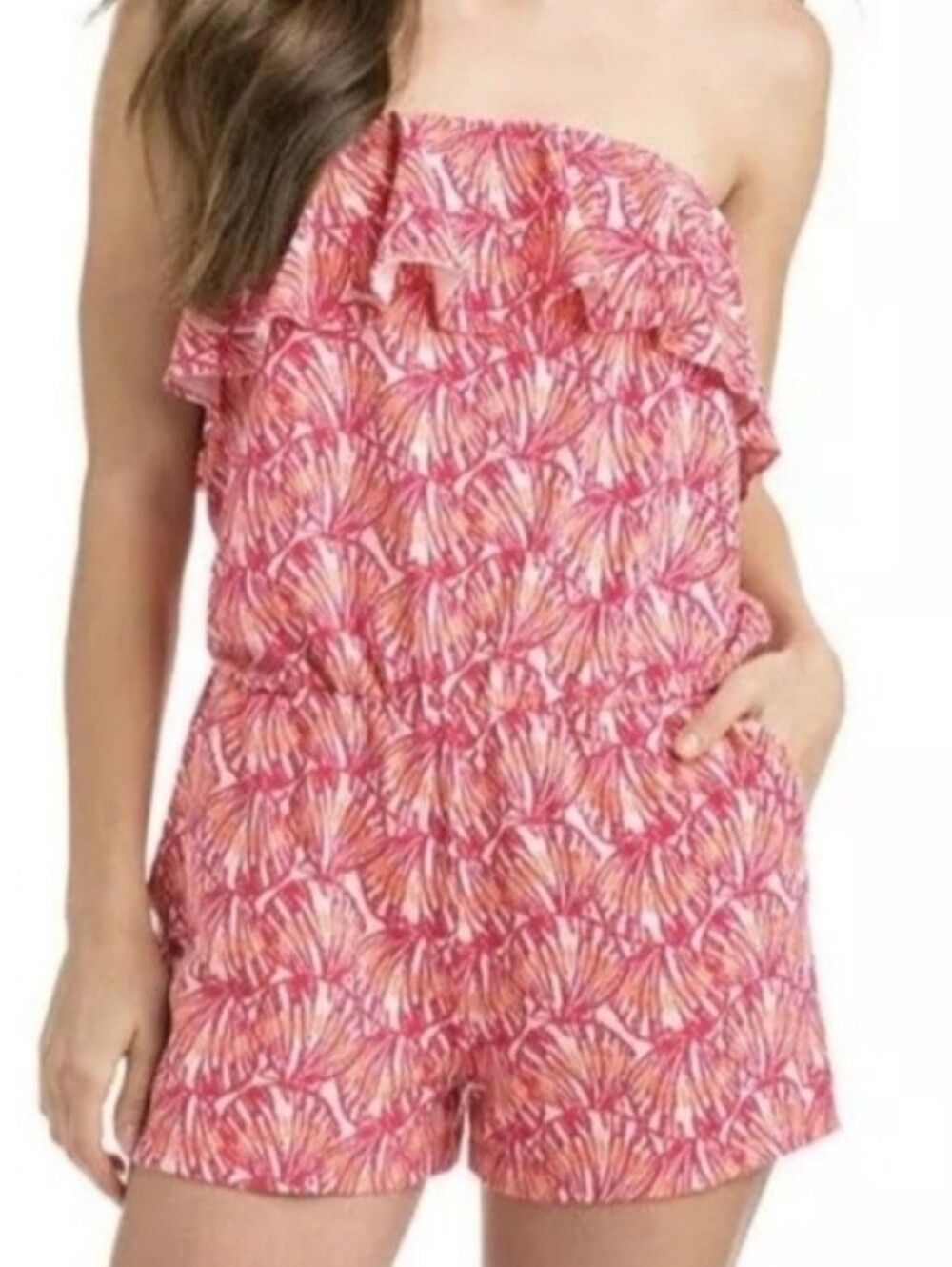 Vineyard Vines Pink & Coral Printed Strapless Romper, XL